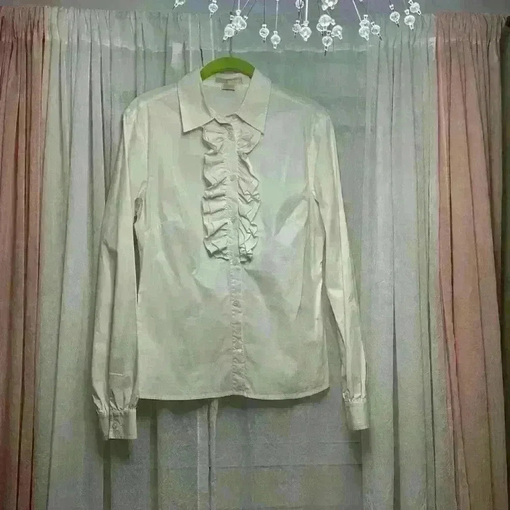 Micheal Micheal Kors Sz 8 Ivory Cream Ruffled Stretch Button Up item# 8J - Picture 1 of 5